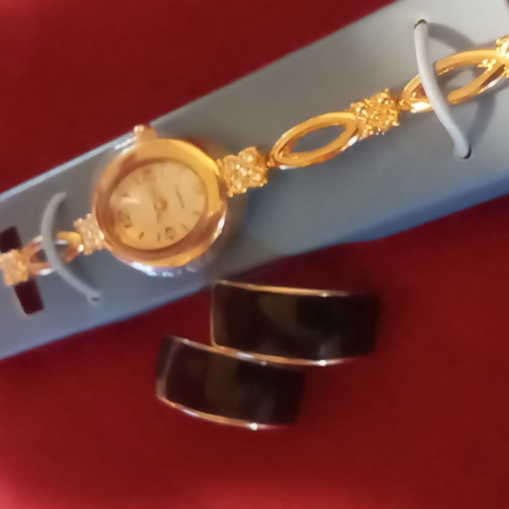 Classic Avon collection watch Black enamel & gold earrings. NWOT